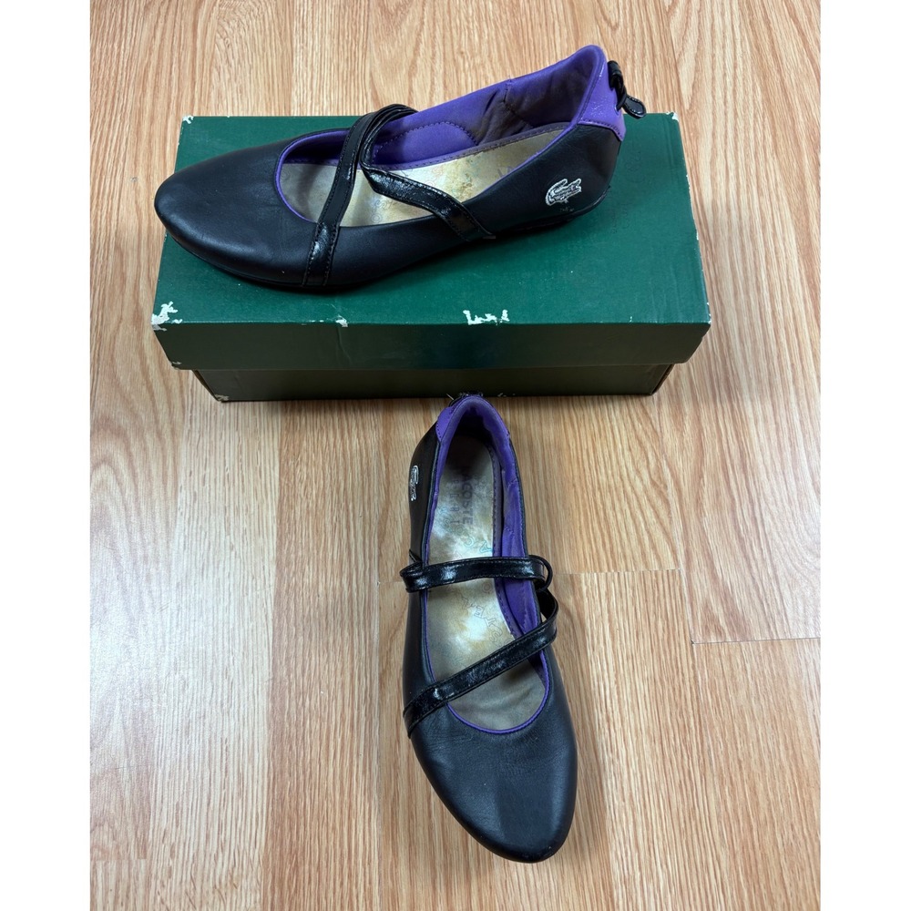 Lacoste Sport Black Leather Mary Jane Ballet Flats Purple Accents Women Size 7